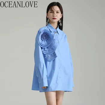 OCEANLOVE 3D Puķes Sieviešu Kleitas, Cietā Pavasara Rudens korejas Modes Vintage Vestidos Kroku Luksusa Eleganta Mini Kleita