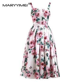 MARYYIMEI Modes Dizainera kleita Vasaras Sievietes Kleitu Spageti Siksnas Rožu Ziedu-Print Eleganti Bumbu Kleita Kleitas