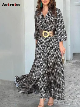 Aotvotee Drukas Kleita Sievietēm 2023 Jaunu Modes Josta ar garām Piedurknēm Savukārt Apkakle Kleita Vintage Elegants Gadījuma Šiks Slim Kleita
