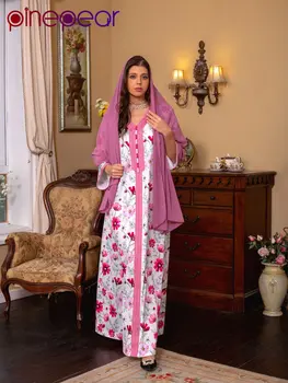 PinePear Ramadāna Kaftan Dubaija Luksusa Garās Kleitas Ziedu Drukāt V-Veida Kakla Mežģīnes, Lentes, Elegants Ikdienas Puse Kleita Musulmaņu Sieviešu Apģērbs