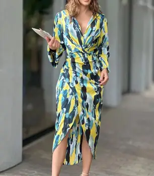 Sieviešu Kleitas 2023 Vasaras Modes Iespiesti Gadījuma Savukārt-Apkakle Long Piedurknēm Augsta Vidukļa Nelegālo Vidū Garums Krekls, Kleita