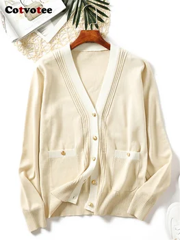 Cotvotee Cietā Džemperis Sievietēm 2023 Rudens Ziemas Jauno Modes V Kakla garām Piedurknēm Jaka Zaudēt Gadījuma Pogu uz Augšu Elegants Džemperis