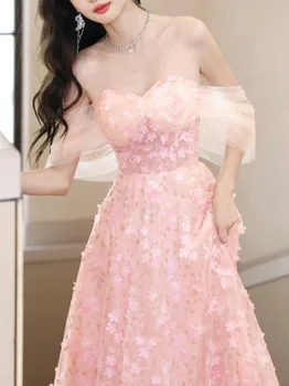Rozā 3D Ziedu Ilgi, Balles Kleitas, Pie Pleca Kroku Vestidos De Fiesta Elegants Para Mujer 2023 Jaunu Modes Oficiāls pasākums