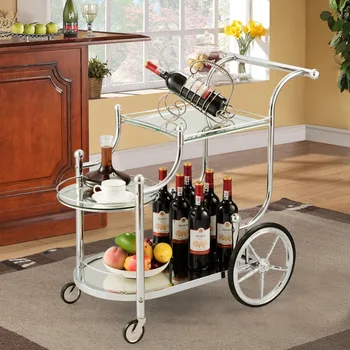 Gymax Modes Serving Cart Virtuves Bāra Vīna Tējas Grozs Stikla Plaukti & Metāla Rāmis ar Riteņiem, Virtuves Grozs Utility Cart Bārs Grozs