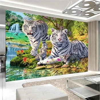 Bezrāmju HD Moduļu Sienas Dzīvniekiem, Mākslas Plakātu, Lauva Glezna Mežs, Ūdens, White Tiger Audekls Dzīves Telpu Dekorēšana Attēlu