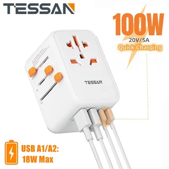 TESSAN 65W/100W GaN Pasaules Ceļojumu Adapteris Universālais ar USB C Tipa Ātrās Uzlādes Strāvas Adapteris ES/UK/ASV/AUS Plug Ceļojumu