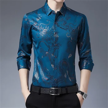 Vīrieši Vintage Ķīniešu Stilā Pūķis Grafiskais Izdrukāt Krekli Biznesa Gadījuma Garām Piedurknēm Slim Topi Pavasara Rudens Camisas De Hombre 2023