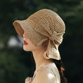 Mātes-bērnu 100%Rafija Loku Saules Cepure Platām Malām Floppy Vasaras Cepures Sievietēm, Pludmales Panamas Salmiem Dome Spaiņa Cepuri Femme Ēnā Cepure