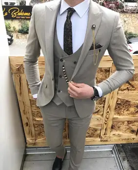 Elegants Uzvalki Vīriešu Kāzu Slim Fit 3 Gabals Pelēks Gadījuma Balli Tuxedos Līgavainis Sasniedza Atloks Uzņēmējdarbības Vīriešu Uzvalks(Žakete+Veste+Bikses)
