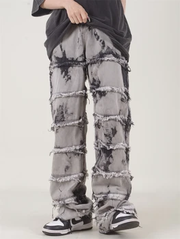 Svītrains Pušķis Nodiluši Taisni Baggy Džinsi Hip Hop Melna Kaklasaite-krāsošanas Bikses Harajuku Vīrietis Sieviete Streetwear Gadījuma Džinsa Bikses