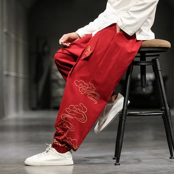 Ķīnas Retro Stila Auspicious Mākoņi Drukāt Bikses Vīriešu Apģērbu Rudens Modes Apģērbu Zaudēt Gadījuma Bikses Plus Lieluma Harēma Bikses