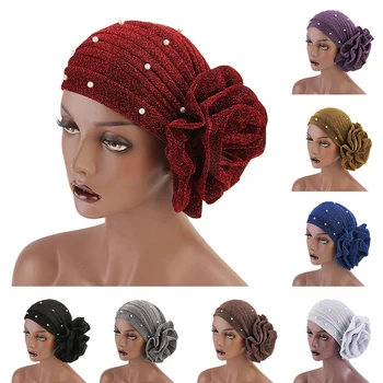 Jaunā Dizaina Pērle Turban Cepuri Spilgtu Zīda Ziedu Hijabs Klp Sievietes Galvu Wrap Ķīmijterapiju, Cepure, Cepures Indijas Cepuri Musulmaņu Hijab Klp