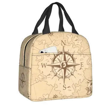 Bolsa de almuerzo aislada con mapa piratas de Vintage, brújula náutica, ancla, nevera portátil, fiambrera térmica para mujer, bo