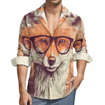 Fox Estētisko Ikdienas Krekls Vīriešiem Saulrieta Dzīvniekiem Ar Saulesbrilles, Kas Krekls Rudens Jaunums Blūzes Ar Garām Piedurknēm Grafiskais Lielajam Augšu