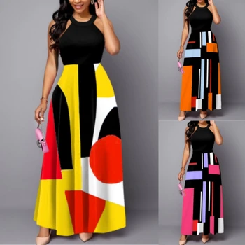 Jauni Siltie Sieviešu 2023 Vasaras Modes Līmēšana Print Plus Lieluma-Line Kleita Sexy Un Elegants Tie Krāsošanas Karājas Kakla Kleita