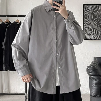 Hybskr Jauns Krekls Ar Garām Piedurknēm Vīriešiem Zaudēt Liela Izmēra Topi, Blūzes Cietā Korejas Modes Pogu Piedurknēm Cilvēks Pamata Krekli Streetwear
