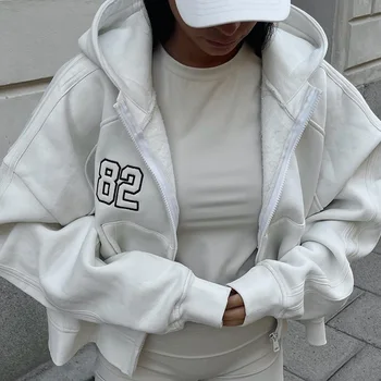 Modes 2023 Rudens Gadījuma garām Piedurknēm Vēstuli Izšuvumi Hoodies Žaketes Virsdrēbes Sievietēm Zip-up Kapuci Baltā Žaketes Streetwear