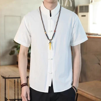 5XL Plus Lieluma Īsām Piedurknēm Kokvilnas Krekls Vīriešiem Vasarā Kung Fu Brīvs Vīrietis Tang Uzvalks Blūze Vintage Tradicionālā Ķīniešu Drēbes