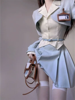 Elegants 3 Gabals Komplekts Sievietēm Gadījuma Balts Krekls Īsām Bleizeri Slim Modes Mini Svārki Korejiešu Stila Uzvalks Biroja Dāma 2023 Vasaras