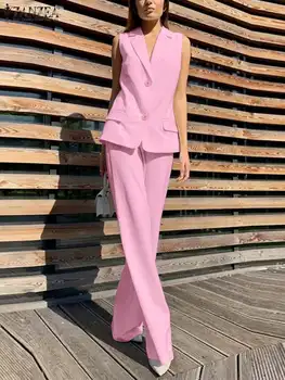 ZANZEA Modes 2gab Elsas Komplekti Sieviešu Rozā Krekliņi Streetwear Treniņtērpi Eleganta Elastīga Jostasvietas Bikšu Tērpiem Vasaras atbilstības Komplekti