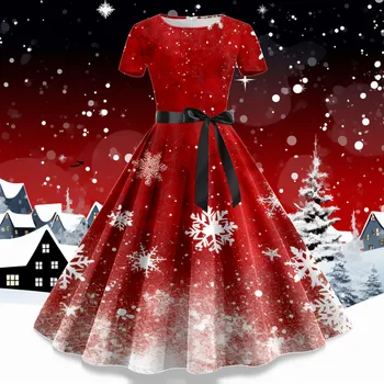 Ziemassvētku Sieviešu Puse Kleita Stilīgs Sniegpārslas Print-Line Sundress Elegantas Vakara Kleitas Ar Jostu Vestidos Largos Mujer De