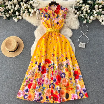 Vintage Ziedu Drukāt Maxi Kleita Sieviešu Piedurknēm Ruffles Vienu Krūtīm, Augsta Vidukļa Josta Bohēmijas Svētku Kleita