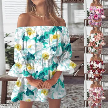 Vasaras Kleitas Sievietēm Vintage Ziedu Drukāt Beach Sexy Pie Pleca Tunika Sundresses Gadījuma Loose Fit Bell Piedurknēm Mini Ziedu