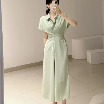 2023 korejiešu Stilā, Mežģīnes-up Kleitas Sievietēm Vasarā Īsās Piedurknes Atloks-line Sieviešu tīrtoņa Krāsu Gadījuma Gara Kleita Vintage
