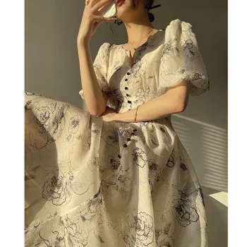 Elegants Vintage Floral Print Kleita Sievietēm 2023 Vasaras Jauna Dvesma Īsām Piedurknēm, V Veida Kakla Šifona Puse Ilgi Midi Kleitu Sieviešu Vestidos
