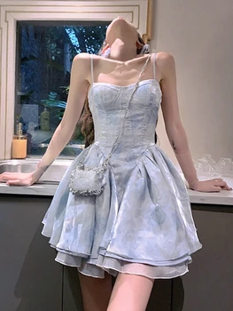 2023 Vasaras Ikdienas Īsās Puse Kleita Sievietēm Gadījuma Piedurknēm Siksniņa Y2k Mini Kleita Sieviešu Korejas Modes Kawaii Apģērbs Vintage