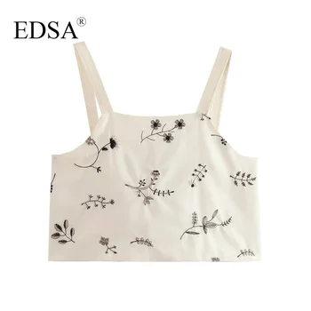 EDSA Sievietēm, Eleganti Izšūti Apgriezts Blūze ar Platām Siksnām Atklātu Atpakaļ Kamzolis Vasaras Brīvdienu Streetwear Topi