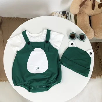 Vasaras Jaundzimušo Bērnu Apģērbu Komplekti Gudrs Zaļā Varde Linga Bodysuit Balts t-veida Cepuri 3Pcs Kokvilnas Zīdaiņu Zēni Meitenes Drēbes Tērpiem