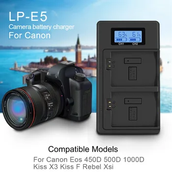 LPE5 LCD USB Smart Fast Charger Dual Slot Canon Kameras Akumulators LP-E5 LP E5 EOS 450D 500D 1000D Kiss Kiss X3 F Rebel Xsi
