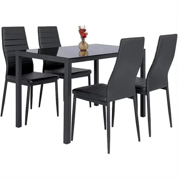 SUGIFT 5 Gabali Ēdamistabas Komplekts Rūdīts Stikls Pusdienu Galds ar 4 Krēsliem, Melns virtuves galds un krēsli