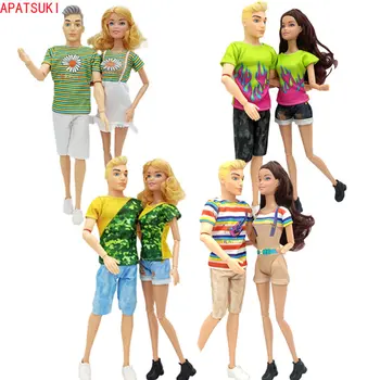 2sets/daudz Vasaras Pludmales Apģērbu Komplekts Barbie Lelle Apģērbs Pāris Mīļāko T-kreklu, Šortus, lai Ken Zēns Lelles, Aksesuāri, Rotaļlietas Bērniem